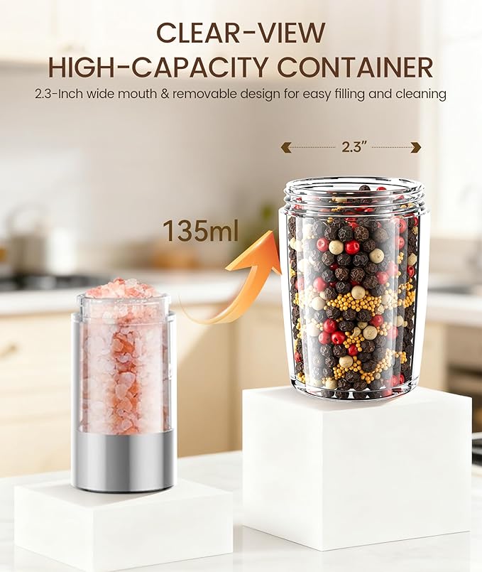 Gravity Electric Salt and Pepper Grinder Set with Charging Base, Automatic Gravity Salt and Pepper Mill with Adjustable Coarseness, LED Light, 135ml Large Capacity, Gifts for Women