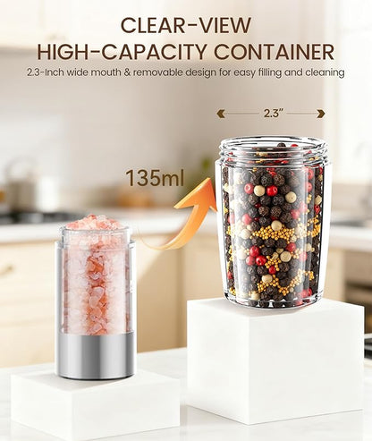 Gravity Electric Salt and Pepper Grinder Set with Charging Base, Automatic Gravity Salt and Pepper Mill with Adjustable Coarseness, LED Light, 135ml Large Capacity, Gifts for Women