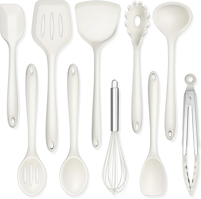 TeamFar Kitchen Cooking Utensils, 10 pcs Silicone Cooking Utensils Set, 446°F Heat Resistant Kitchen Gadgets Tools Set w/Spatula, Turners, Spoons, Soup Ladle, Pasta Server for Nonstick Cookware, White by TeamFar
