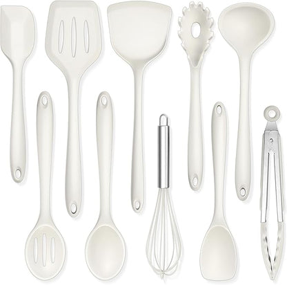 TeamFar Kitchen Cooking Utensils, 10 pcs Silicone Cooking Utensils Set, 446°F Heat Resistant Kitchen Gadgets Tools Set w/Spatula, Turners, Spoons, Soup Ladle, Pasta Server for Nonstick Cookware, White by TeamFar