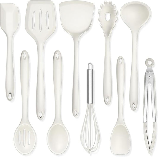 TeamFar Kitchen Cooking Utensils, 10 pcs Silicone Cooking Utensils Set, 446°F Heat Resistant Kitchen Gadgets Tools Set w/Spatula, Turners, Spoons, Soup Ladle, Pasta Server for Nonstick Cookware, White by TeamFar