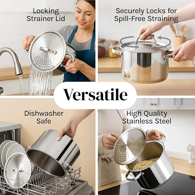 Stainless Steel Pasta Pot with Strainer Lid — 5.5 Qt Large Capacity Spaghetti Pot with Twist Lock Lid — Deep Cooking and Stock Pots for Boiling, Dishwasher Safe By Cooler Concepts - Image 4