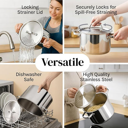 Stainless Steel Pasta Pot with Strainer Lid — 5.5 Qt Large Capacity Spaghetti Pot with Twist Lock Lid — Deep Cooking and Stock Pots for Boiling, Dishwasher Safe By Cooler Concepts - Image 4