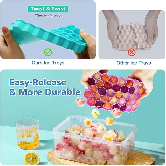 Azyh Ice Cube Trays for Freezer, 2 Pack Ice Cube Tray with Lid, Silicone Ice Cube Mold with Lid-37 Grid,Easy-Release Reusable 74 PCS Small Ice Cubes for Iced Coffee Cocktail Whisky Chocolate Soup Food - Image 4