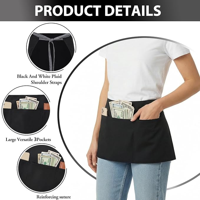 BOHARERS 3-Pocket Waist Apron With Black And White Plaid Shoulder Straps - Black Waitress Waiter Server Short Aprons - Image 3