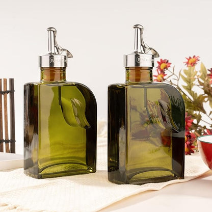 Olive Green 12oz Glass Olive Oil Bottle Dispenser - 350ml Oil and Vinegar with Pourers and Funnel - Oil Dispenser Bottle for Kitchen