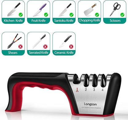 Longzon 5-in-1 Knife Sharpener 4 Stage with Cut-Resistant Glove, Quickly Sharpens & Restores Dull Blades, Easy & Safe for Home Kitchen Use, Fits Most Knives and Scissors, Black+Red - Image 4