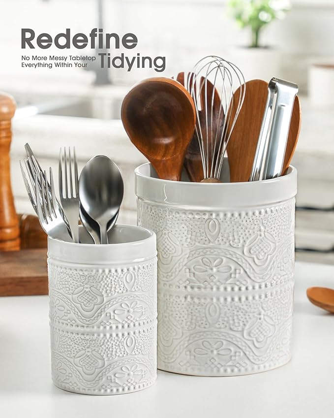 FUN ELEMENTS Kitchen Utensil Holder, 7.2+5.5" Super Large Utensil Crock Heavy and Stable Lace Emboss Ceramic Utensil Holder for Kitchen Counter(2Pcs Bright White) - Image 2