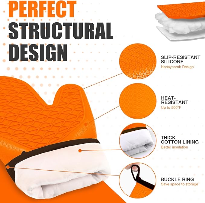 Silicone Oven Mitts, Heat Resistant 2PCS Oven Mitts with Soft Cotton Lining, Waterproof Non-Slip Grip Oven Glove, Kitchen Potholder Mits for BBQ, Baking, Cooking, 12.5 Inch - Orange - Image 3