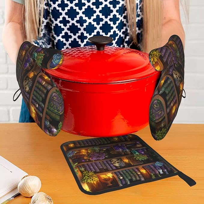Witch Gothic Oven Mitts and Pot Holders Sets,Witchy Wicca Skull Baking Glovers Hot Pads,Mystical Heat Resistant Kitchen Mitts for Baking Cooking Grilling BBQ,Gothic Witchy Gifts for Women