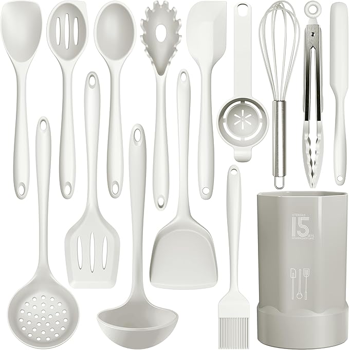 AOTHOD Silicone Cooking Utensils Set - 446°F Heat Resistant Silicone Kitchen Utensils,Spatula,Spoon, Kitchen Utensil Sets Gadgets Tools Set for Nonstick Cookware,Dishwasher Safe Bpa Free (Cream White) by Safeandsuitableforuse