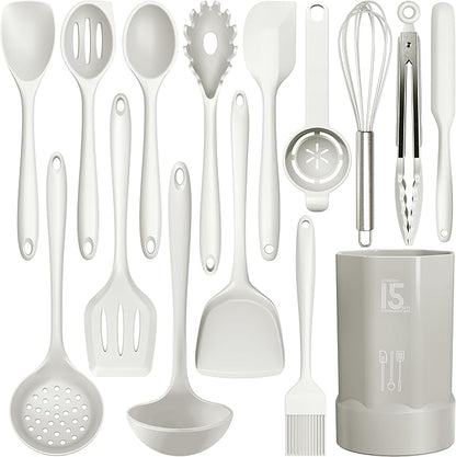 AOTHOD Silicone Cooking Utensils Set - 446°F Heat Resistant Silicone Kitchen Utensils,Spatula,Spoon, Kitchen Utensil Sets Gadgets Tools Set for Nonstick Cookware,Dishwasher Safe Bpa Free (Cream White) by Safeandsuitableforuse
