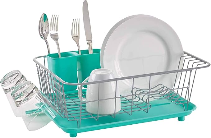 Farberware Compact Dish Drying Rack with Frost Sink Brush, Removable Drainboard and Flatware Caddy, Holds 9 Plates - Teal, Rust-Resistant for Small Kitchens - Image 2