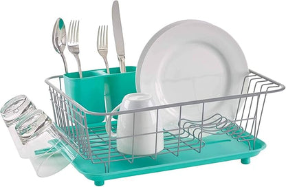 Farberware Compact Dish Drying Rack with Frost Sink Brush, Removable Drainboard and Flatware Caddy, Holds 9 Plates - Teal, Rust-Resistant for Small Kitchens - Image 2