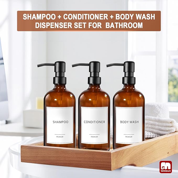 GMISUN Shampoo and Conditioner Dispenser, 3 Pack Amber Glass Bathroom Shampoo Conditioner Body Wash Dispenser with Pump for Shower, 17 Fl Oz Hand Soap Dish Soap and Lotion Dispenser Set for Kitchen - Image 7