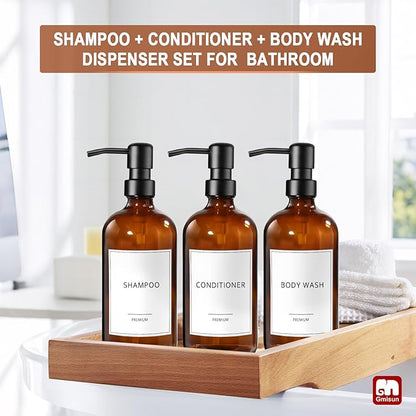 GMISUN Shampoo and Conditioner Dispenser, 3 Pack Amber Glass Bathroom Shampoo Conditioner Body Wash Dispenser with Pump for Shower, 17 Fl Oz Hand Soap Dish Soap and Lotion Dispenser Set for Kitchen - Image 7