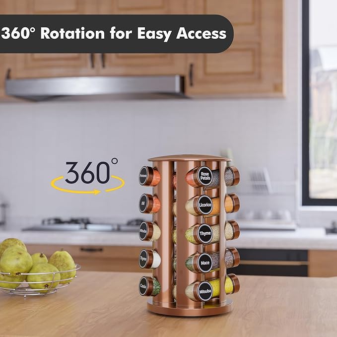 New England Stories Revolving Spice Rack Set with 20 Spice Jars, Kitchen Spice Tower Organizer for Countertop or Cabinet - Carousel Storage Includes 386 Spice Labels (Gold) - Image 3