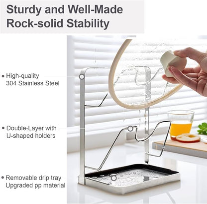 Space-Saving 304 Stainless Steel Pot Lid Holder While Cooking, Double-Layer Kitchen Pot Lid Storage Rack with Removable Drip Tray, Countertop Vertical pan lid organizer for pots and pans(Silver)
