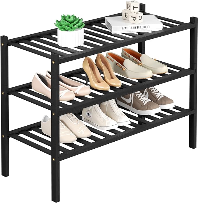 ROMGUAR CRAFT 3 Tier Bamboo Shoe Rack for Closet Free Standing Wood Shoe Shelf Storage Organizer for Entryway Small Space Stackable 27"x11"x20" (Black) by ROMGUAR+CRAFT