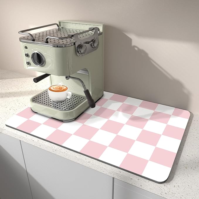 Dish Drying Mat for Kitchen Counter, 12" x 20" Checkered Coffee Bar Mat for Espresso Machine, Absorbent and Stain-Resistant Countertop Protector, Non-Slip Rubber Back Drying Pad, Pink & White