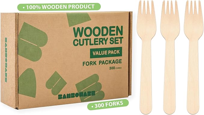 Wooden Forks 300 Pieces | 100% Natural Birch Wood Disposable Forks | Biodegradable, Smooth & Sturdy for Parties, Picnics, and Everyday Use by Bamboware