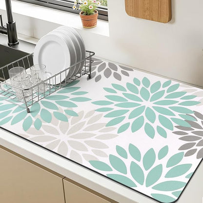 Findosom Floral Dish Drying Mat, 16" x 24" Super Absorbent & Hide Stain Coffee Mat, Cuttable Drying Mat for Kitchen Counter, Under Dish Rack, Coffee Maker, Espresso Machine, Teal