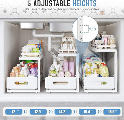 Under Sink Organizer Upgrade To Professional Rails,2-Tier Dual Pull Out Cabinet Storage,Height Adjustable Slide Out Drawers For Bathroom Kitchen,2 Pack-21"Dx12.8"-16.9"H,White - Image 6