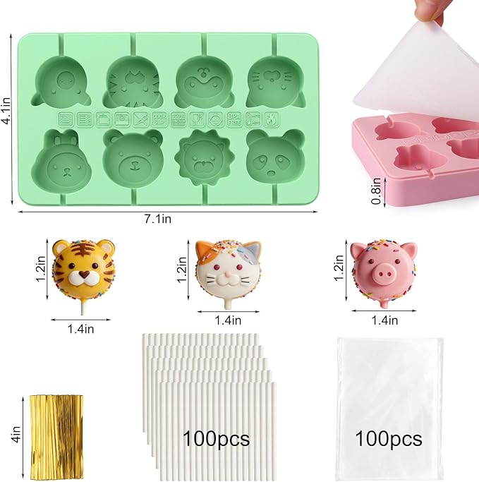 Juome Cake Pop Mold Kit, 2 Pack 16 Cavities Animal Shape Cakesicle Molds Silicone with 100 Wooden Sticks&100 Packaging Bags, Cake Pop Maker Supplies Accessories, Baking Tools for Home Baking Desserts - Image 2