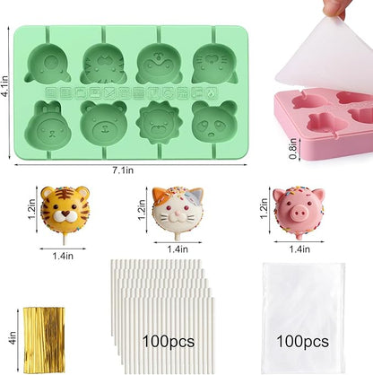 Juome Cake Pop Mold Kit, 2 Pack 16 Cavities Animal Shape Cakesicle Molds Silicone with 100 Wooden Sticks&100 Packaging Bags, Cake Pop Maker Supplies Accessories, Baking Tools for Home Baking Desserts - Image 2