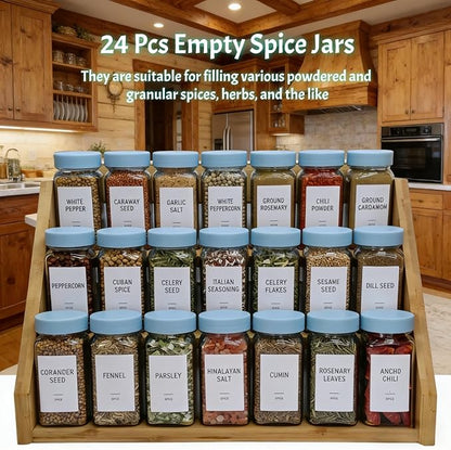 Spice Jars with Labels - 24 Glass Spice with Shaker Lids & Airtight Plastic Caps - 4oz Complete Seasoning Containers Organizer Set for Cabinet, Drawer & Rack (Skyblue) - Image 2