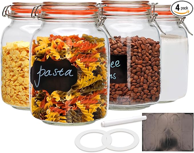 50oz Glass Jars with Clamp Lids,Set of 4,1500ml Square Wide Mouth Mason Jars with Airtight Lids,Large Glass Storage Container with Clip Lid for Kitchen,Flour,Pasta,Beans by Encheng