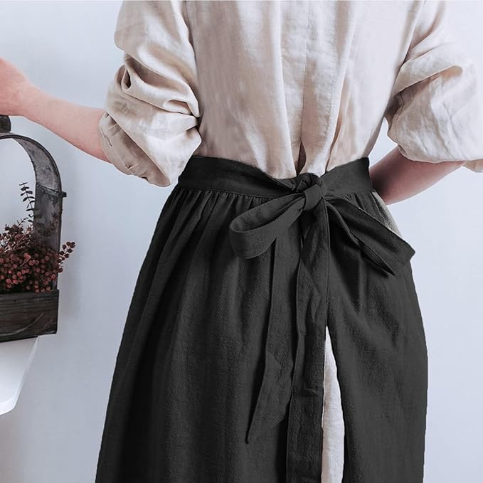 Cotton Linen Half Apron for Women Vintage Waist Apron Ruffle Plain Bright Color for Cooking Painting Artwork