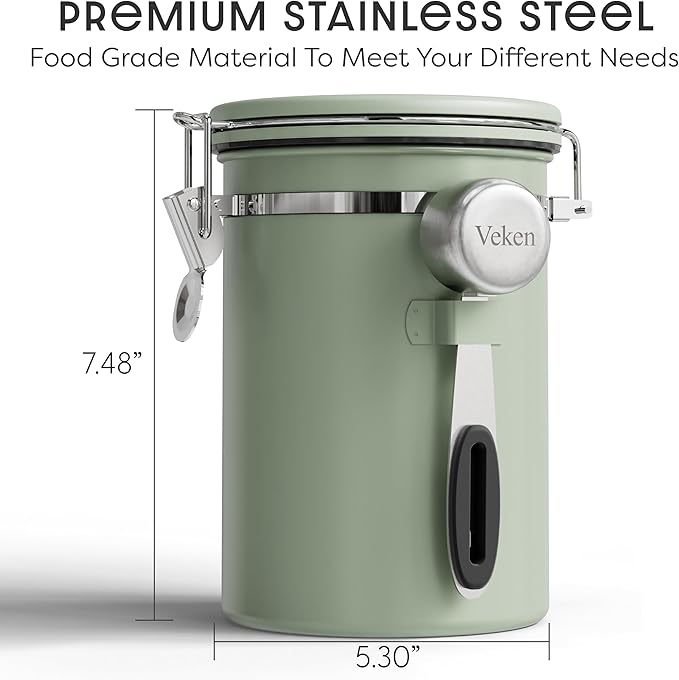 Veken Coffee Canister with Window, Airtight Stainless Steel Kitchen Food Storage Container with Lids, Date Tracker and Scoop for Grounds Coffee, Beans, Tea, Flour, Cereal, Sugar Jars, 22OZ, Green - Image 2