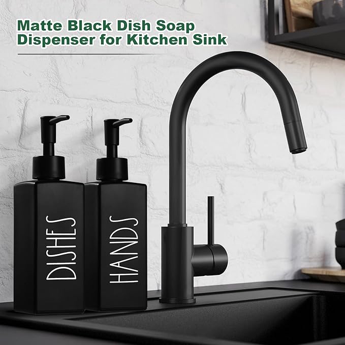 Hand and Dish Soap Dispenser Set, Matte Black Dish Dispenser Bottle for Kitchen, Glass Kitchen Soap Dispenser Set with Pump, Refillable Liquid Soap Bottle, Farmhouse Kitchen Decor, 12.3fl oz - Image 5