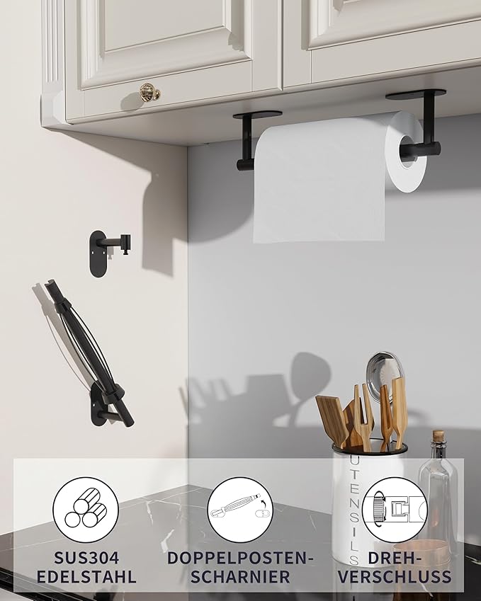 Paper Towel Holder Under Cabinet, Self Adhesive or Wall Mount for Kitchen Bathroom, Stainless Steel Paper Towel Holders with Damping Effect, Single Hand Operable (Matte Black) - Image 2