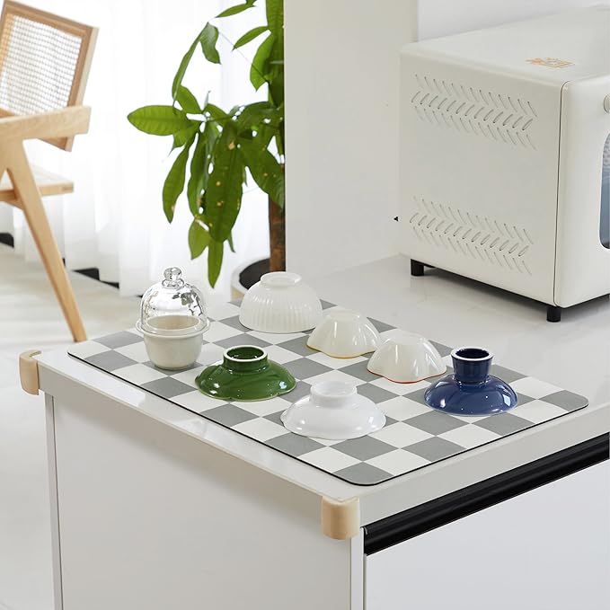 Checkered Dish Drying Mat for Kitchen Counter, Coffee Bar Station Accessories, Retro Cute Aesthetic Absorbent Coffee Mat Kitchen Drying Mat Easy Clean, Grey 16" x 24" - Image 3