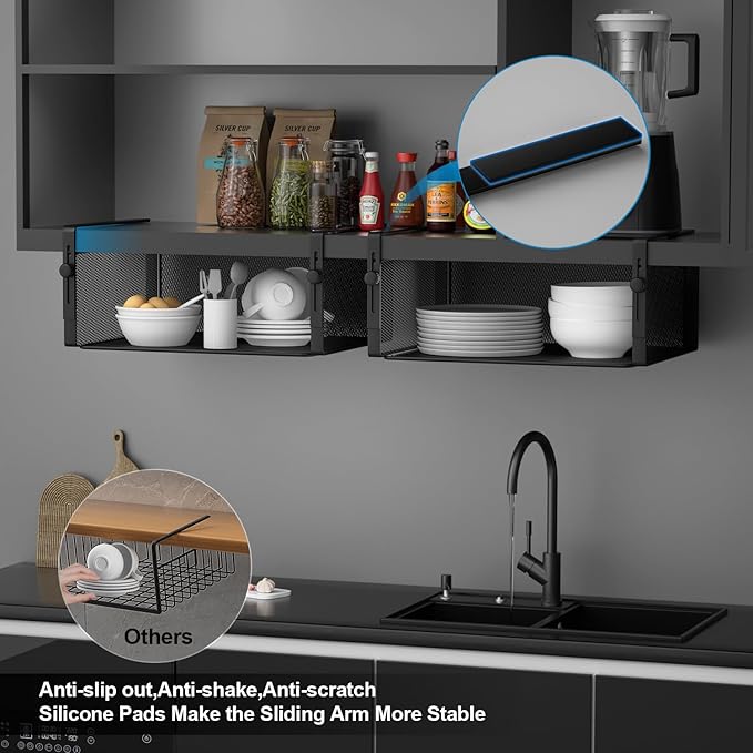 AmonHouseware 2Pack Under Shelf Basket Organizer,Adjustable Hanging Holder for Cabinet Pantry Kitchen Cupboard Desk Counter Bookshelf Organization Add-on Space Saver Heavy Duty Slide-in (Black, Large)