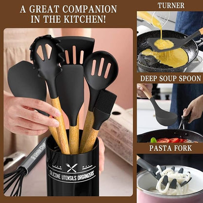 Umite Chef Kitchen Cooking Utensils Set, 33 pcs Non-Stick Silicone Cooking Kitchen Spatula Set with Holder, Wooden Handle Silicone Kitchen Gadgets Utensil Set (Black) - Image 7