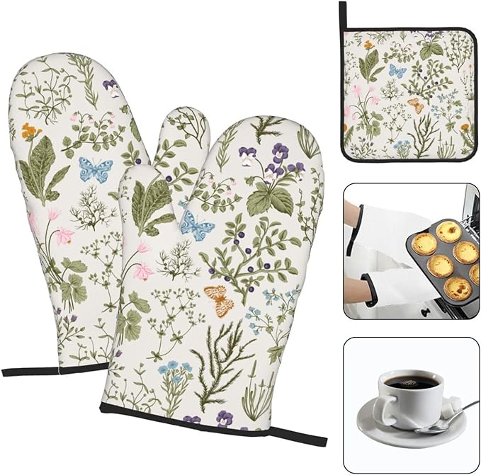 Vintage Floral Oven Mitts and Pot Holders Sets of 3 Cute Botanic Hot Pads Herbs and Wild Flowers Oven Gloves Heat Resistant Washable for Kitchen Cooking Grilling Baking - Image 3