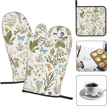 Vintage Floral Oven Mitts and Pot Holders Sets of 3 Cute Botanic Hot Pads Herbs and Wild Flowers Oven Gloves Heat Resistant Washable for Kitchen Cooking Grilling Baking - Image 3