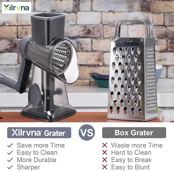 Rotary Cheese Grater with Handle Kitchen Shredder Slicer Grater Slicer Ice Shaver Cheese Vegetable Nuts Potato Zucchini Chocolate 3 Interchangeable Blades (Grey TSP) - Image 2