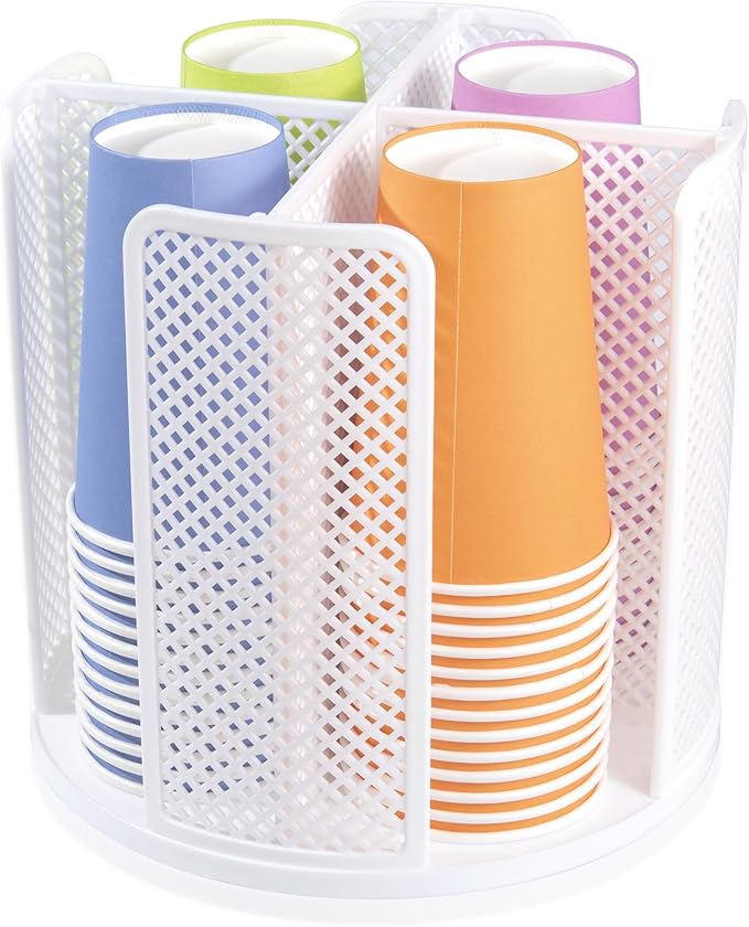 Rotating Paper Cup Dispenser with 4 Compartments, Disposable Coffee Cup Storage & Lid Holder for Countertops, Kitchen, Coffee Stations (White) by Wymulot