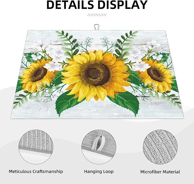 Sunflowers Dish Drying Mat XL Microfiber Kitchen Drying Mat Large Green Dish Drying Mats for Kitchen Counter Absorbent Quick Drying Pad 18x24 Inch