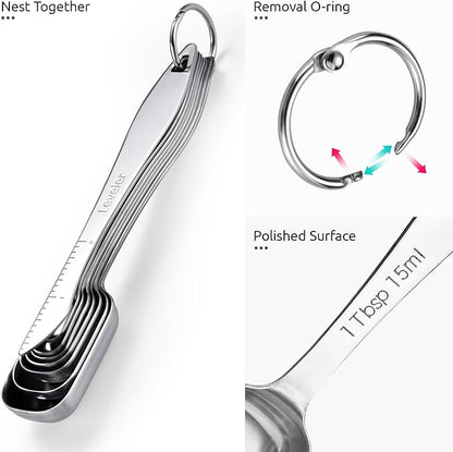 U-Taste Narrow Square Measuring Spoons: 18/8 Stainless Steel Kitchen Measure Teaspoon Tablespoon with Leveler, Polygon Rectangular Metal Jar Scoop for Baking Cooking, Coffee, Spice, Powder (Set of 8) - Image 6