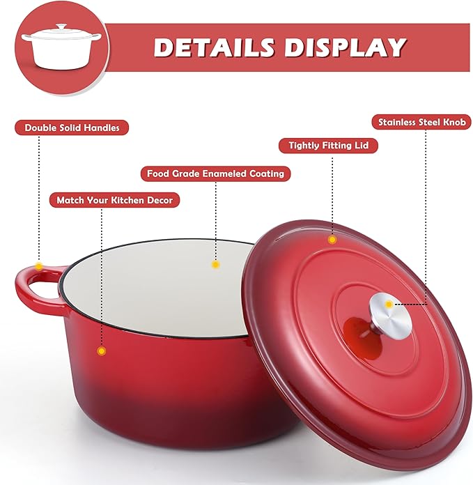 TeamFar Enameled Cast Iron Dutch Oven, 6 Quart Pot with Lid & Dual Handles - Heavy Duty Cookware Oven Safe up to 500° F for Bread Baking, Stews, Braising, Roasting - Red - Image 3