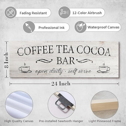 Coffee Tea Cocoa Bar Sign Decor Farmhouse Wall Plaque with Wood Grain Retro Cafe Canvas Prints for Bar Decor Open Daily Self Serve Kitchen Cafe Pub Nook Decoration Accessories 8"x24" - Image 6