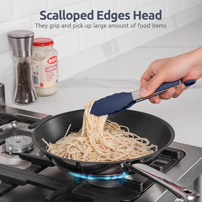 600ºF Heat Proof Kitchen Tong: U-Taste 7" Silicone Cooking Tong with Firm Sealed Non Stick Rubber Tips & Silicon Coated 18/8 Stainless Steel Handle & Smooth Locking for Serving Salad (Midnight Blue) - Image 4
