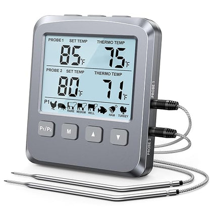 Dual Probe Meat Thermometer Digital for Cooking, Grilling & Smoking with Large LCD Backlight & Alarm, Kitchen Food Grill Thermometer, Smoker Accessories for BBQ Oven Oil Fry, Gifts for Men Dad
