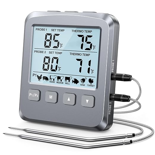 Dual Probe Meat Thermometer Digital for Cooking, Grilling & Smoking with Large LCD Backlight & Alarm, Kitchen Food Grill Thermometer, Smoker Accessories for BBQ Oven Oil Fry, Gifts for Men Dad