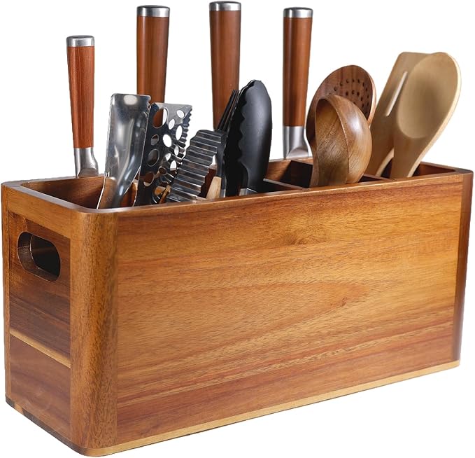 Wooden Kitchen Utensil Holder Organizer for Counter or Countertop, Large Wooden Utensil Holder 4 Compartment, Acacia Wood Container Extra Large.with Strong Magnets Multifunctional Storage Knife Holder - Image 5